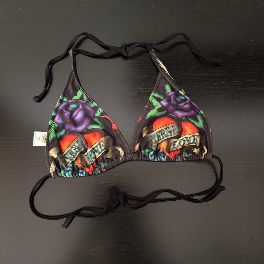 Vintage Ed Hardy Christian Audigier Love Tattoo Print Bikini Top Small Black Y2K